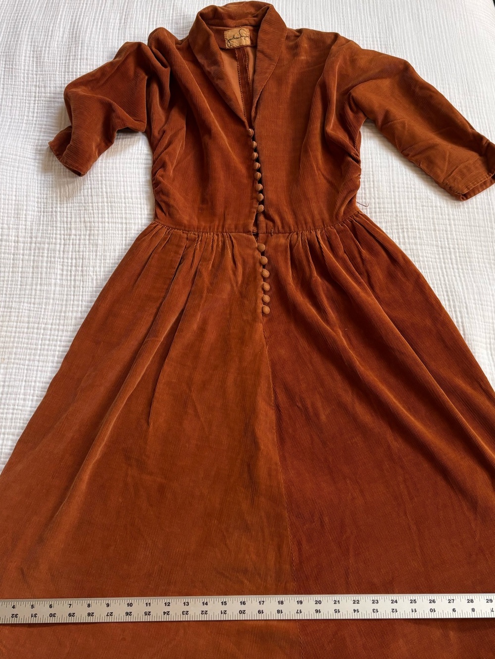 1950s Vintage Rust Brown Corduroy Dress with Covered Buttons